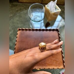 Vintage Gold Costume Ring w/ Large Vermeil Style Pearl Size 4.5 (Fits 5)